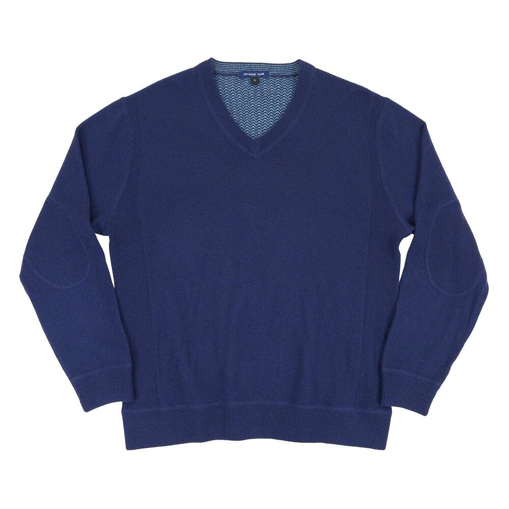 McKenzie Tribe 100% Cashmere V Neck Sweater Men XL Navy Blue Elbow Patch